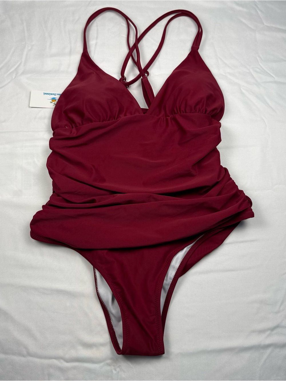 Beachsissi Burgundy Ruched V-Neck Criss-Cross Back Swimsuit Size‎ L NWT